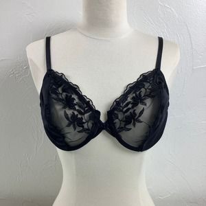 VTG Vanity Fair Paper Tag Black Nylon Lace Balconet wired bra SZ 38B EUC